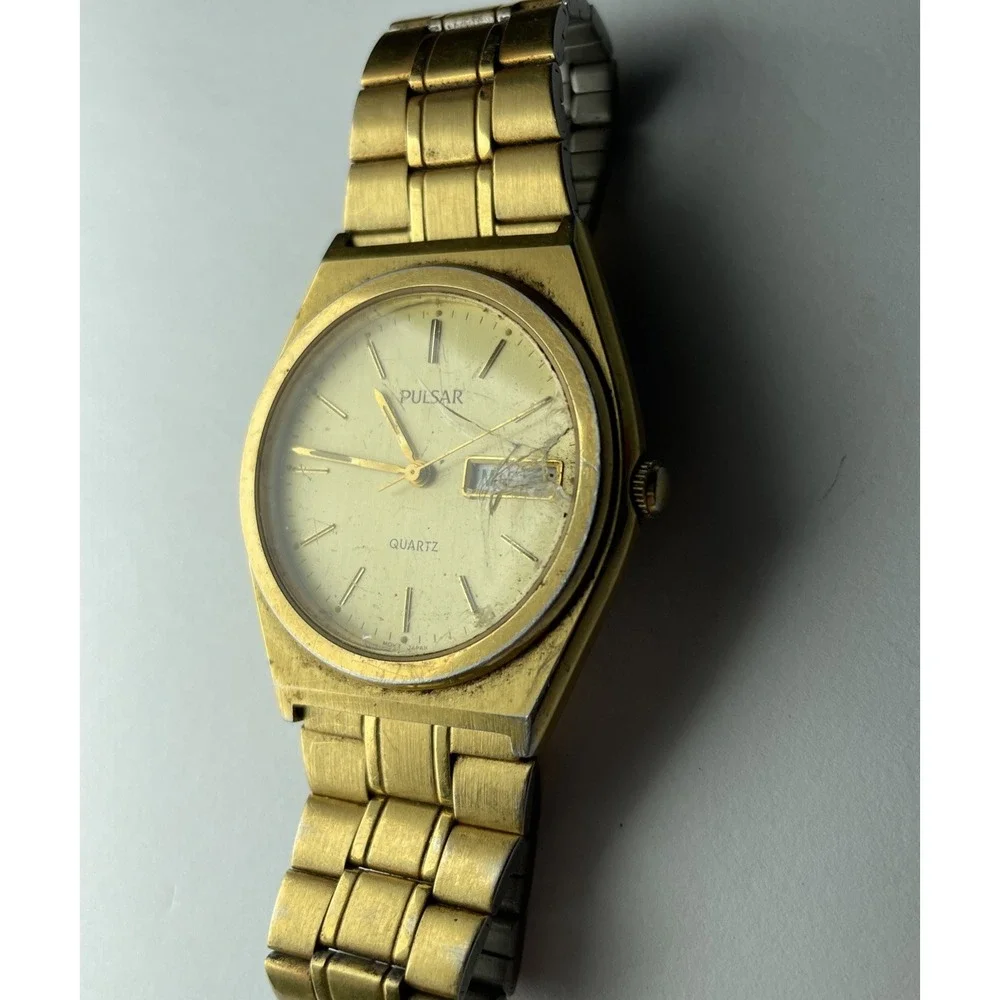 Cracked Crystal Vintage Pulsar Men‎ Y143-X003 Gold Tone Quartz Analog Watch